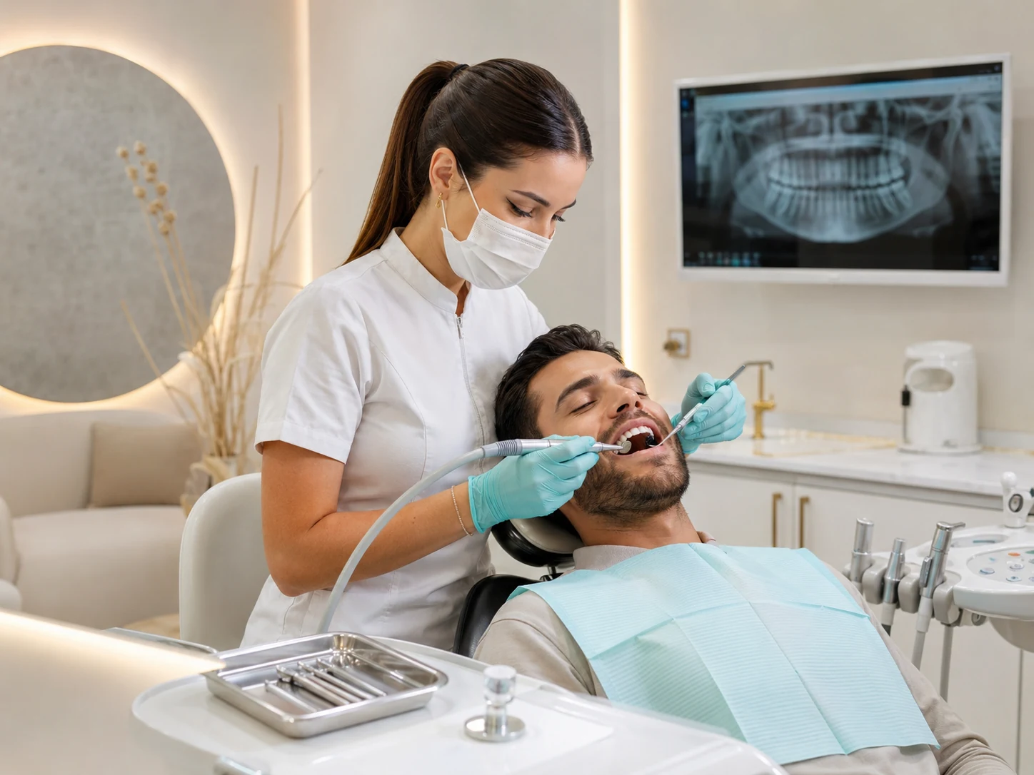تنظيف أسنان قياسي بالموجات فوق الصوتية وتلميع بالمعجون في عيادة ديباميد لطب الأسنان بدبي